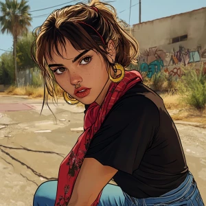 girl with brown hair, thick eyebrows, pumped up lips, potato nos...