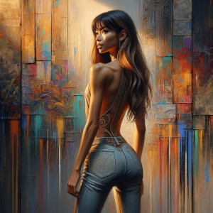 Athletic Thin skinny Attractive, Asian teenage girl, long brown hair and bangs, wearing tight skinny jeans and a halter top paint marks on her clothing, heroic pose Asian graffiti background, backside view