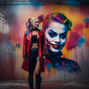 Create a 4k airbrush oil ink painting realistic Harley Quinn wit...