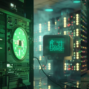 A photorealistic scene from a 1970s data center. An anthropomorp...