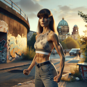 Athletic Thin skinny Attractive, Asian teenage girl, long brown hair and bangs, wearing tight skinny jeans and a halter top paint marks on her clothing, heroic pose Asian graffiti background,  backside view