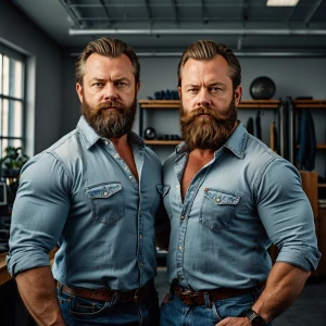 bodybuilder men stand side by side. Both have thick, full beards...