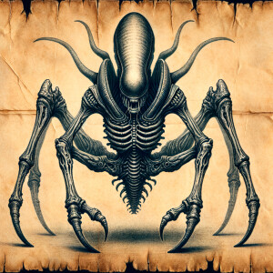 Alien creature illustrated on aged parchment with anatomical bon...