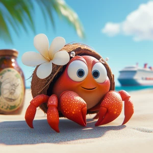 Create a charming cartoon image of a female red hermit crab, coc...