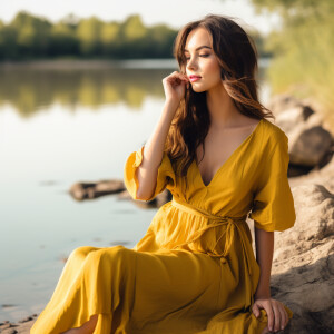 Capture the elegance of a fair-skinned woman with dark long hair...