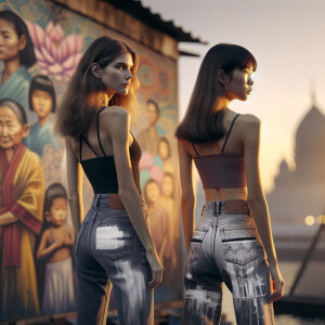 Athletic Thin skinny Attractive, Asian teenage girl, long brown hair and bangs, wearing tight skinny jeans and a halter top paint marks on her clothing, heroic pose Asian graffiti background, rear view