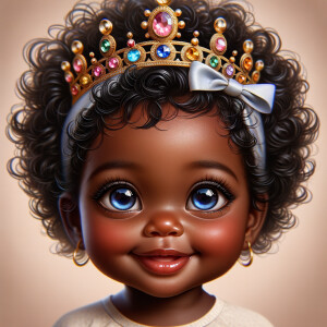 "Create a digital portrait of an adorable african-American baby girl with a joyful expression. She is wearing a gold crown with colorful jewels. Her big, bright blue eyes are wide with wonder, and her tiny mouth is shaped in a happy grin. Her skin has a warm, honey-brown tone, and she has an abundance of curly black hair, playfully tied up with light blue bows. The background is soft and neutral to keep the focus on her delightful features. The portrait should be vibrant and heartwarming, celebrating the innocence and charm of childhood."