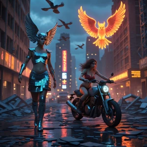 In a twilit, decrepit cityscape, an urban Athena strides forward...