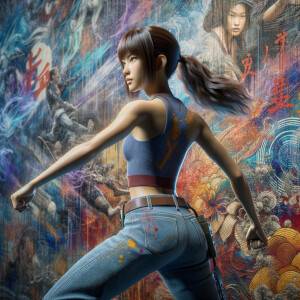 Athletic Thin skinny Attractive, Asian teenage girl, long brown hair and bangs, wearing tight skinny jeans and a halter top paint marks on her clothing, heroic pose Asian graffiti background, backside view