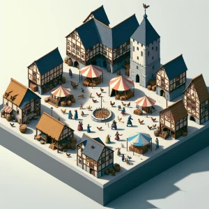 A detailed isometric scene of a medieval market square surrounded by half-timbered buildings with thatched roofs. The square is filled with colorful tents and busy townsfolk trading goods, children chasing chickens, and a traveling bard playing a lute. The shadows of a nearby castle tower loom in the distance.