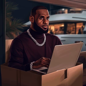 Create an image of a young, stylish man resembling LeBron James,...