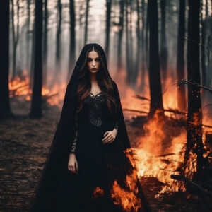 Gothic girl in the burning forest