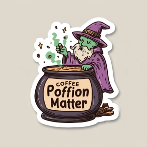 A wizard in a cloak brewing coffee in a magical cauldron, sparks...