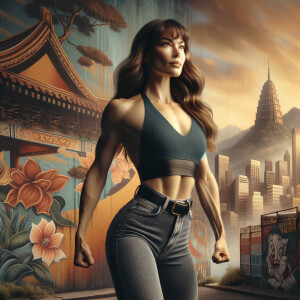 Athletic Thin skinny Attractive, Asian teenage girl, long brown hair and bangs, wearing tight skinny jeans and a halter top paint marks on her clothing, heroic pose Asian graffiti background, rear view