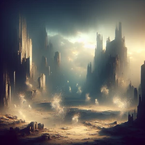 Desolate ruins glowing with soft mystical energy, elemental crea...