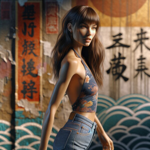 Athletic Thin skinny Attractive, Asian teenage girl, long brown hair and bangs, wearing tight skinny jeans and a halter top paint marks on her clothing, heroic pose Asian graffiti background, side view