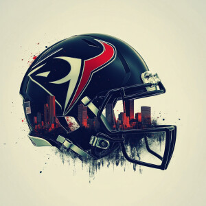 Houston Texans helmet, Houston skyline behind the helmet.