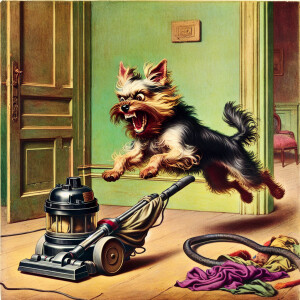 A angry yorkie leaps into the air, eyes wide and limbs flailing...