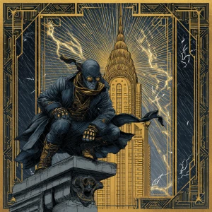 Manga-style noir detective crouched on a rain-slick Art Deco gar...