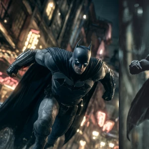 Ultra photo-realistic image of Batman in mid-action, leaping fro...