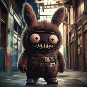 Stylized character portrait of a mischievous designer toy creat...