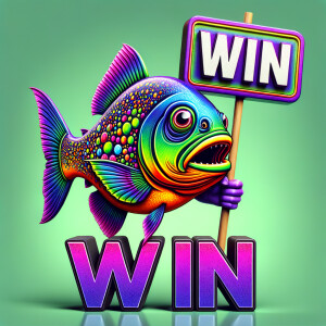 Purple neon green piranha holding a sign that says WIN
