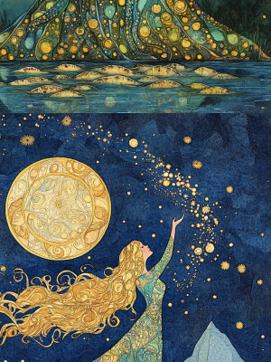 the goddess of the lamprey, a loose dreamy stylized watercolor b...