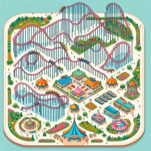 a theme park map that is 2D and has 7 simple roller coasters