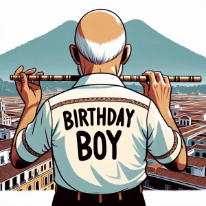 Draw a picture of a bald.A man in his sixties who is playing an...