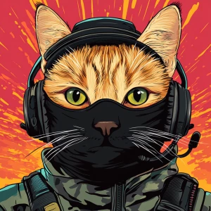 A wide-eyed ginger cat wearing a black tactical balaclava (or ma...