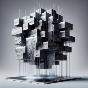 A floating  waterfall fountain constructed with suspended segmen...