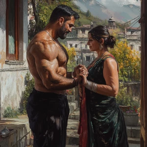 realism fantasy photo , a muscular, sweaty criminal man  greetin...