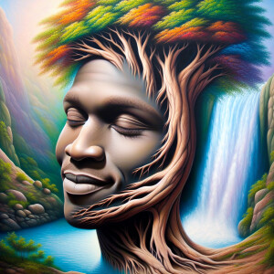 A hyper-realistic 3-D oil painting depicting a tree integrated w...