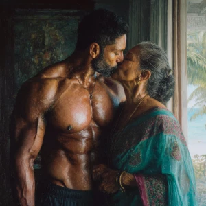 hyperrealism, painting.a muscular, sweaty Indian man standing in...