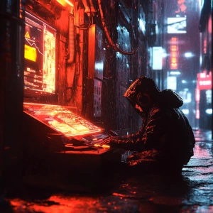 Dramatic splash art. A lone cyberpunk hacker sits hunched over a...