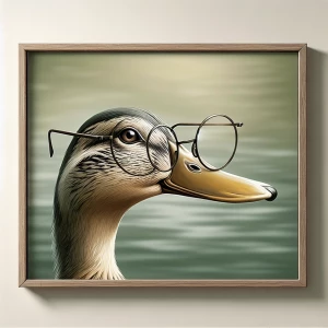 A duck with a pair of round spectacles perched on its beak.