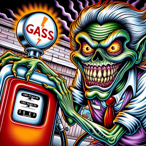 An evil cartoonish gas zombie attendant leaning a gas pump in a...