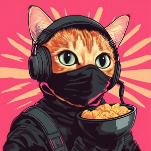 A wide-eyed ginger cat wearing a black tactical balaclava (or ma...
