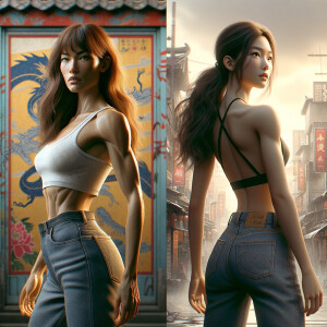 Athletic Thin skinny Attractive, Asian teenage girl, long brown hair and bangs, wearing tight skinny jeans and a halter top paint marks on her clothing, heroic pose Asian graffiti background, backside view