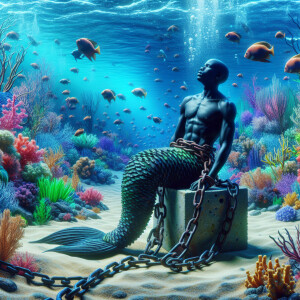 A mermaid bound by heavy, rusted chains, attached to dense concr...