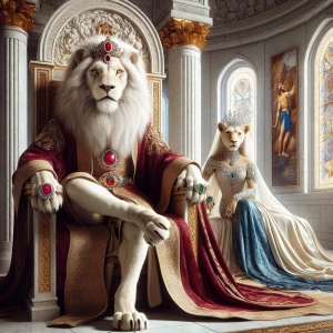 A majestic white Man-Lion, a regal hybrid king, sits upon a thro...