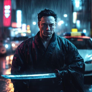 Elon Musk,swinging samurai sword, rain, police, GTA style