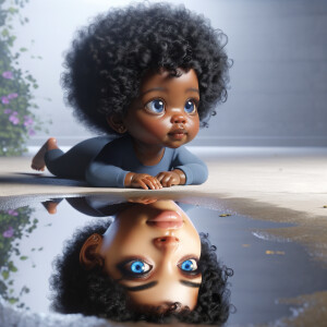 A curious cute african-American, baby with huge blue eyes and cu...