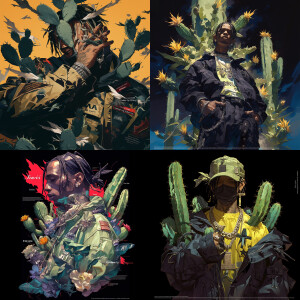 "Travis Scott face surrounded by Green cactus wearing brown Jord...