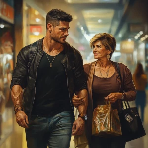 Photorealism,fantasy,a man(beefy muscular criminal)walking(shopp...