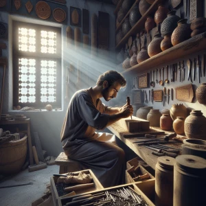 An artisan crouches over his workbench, surrounded by an array o...