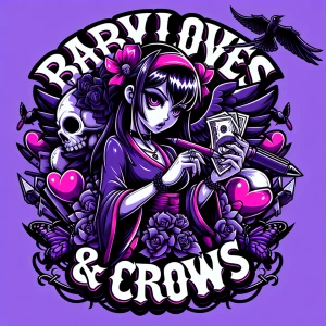 Design an anime-style logo for "Baby Loves & Crows" in bold call...