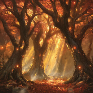 A dense forest with towering, ancient trees covered in brilliant...