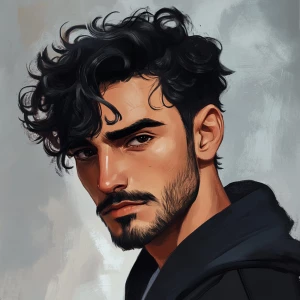 Well done handsome man with black curly hair, short hair, thick...