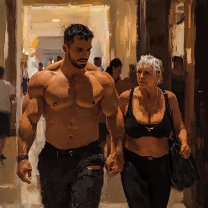 Realism.A man( muscular beefy criminal) walking with a woman(his...